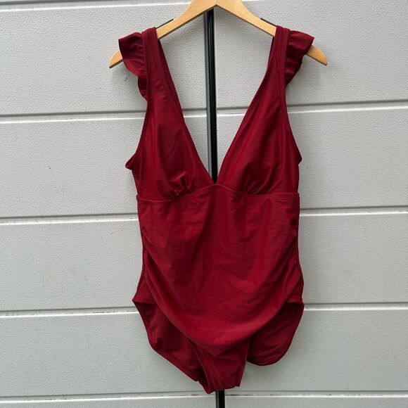 Kona Sol Maroon Ruffle One Piece Swimsuit XLarge High Coverage V-Neck - Picture 3 of 7